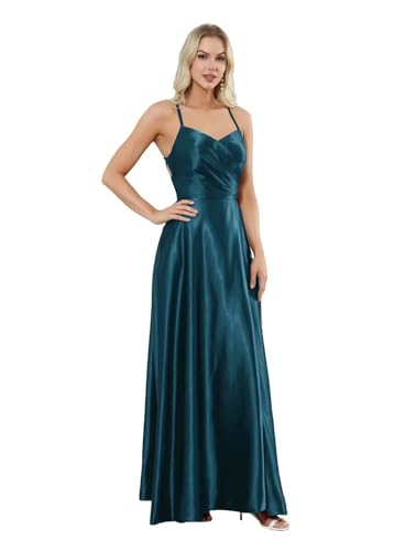 Damen Spaghettiträger Satin Brautjungfernkleider Lang A-Linie Abendkleid V-Ausschnitt Abschlussball Kleider von Sincemeet