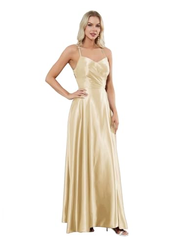 Damen Spaghettiträger Satin Brautjungfernkleider Lang A-Linie Abendkleid V-Ausschnitt Abschlussball Kleider von Sincemeet