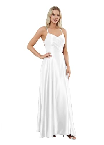 Damen Spaghettiträger Satin Brautjungfernkleider Lang A-Linie Abendkleid V-Ausschnitt Abschlussball Kleider von Sincemeet