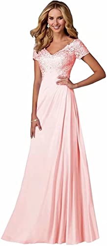 Damen Spitzen Abendkleider Kurzarm Applikationen A Linie Ballkleid V-Ausschnitt Chiffon formell Partykleid von Sincemeet