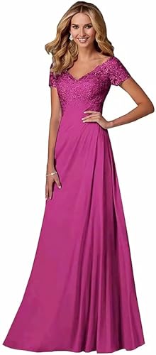 Damen Spitzen Abendkleider Kurzarm Applikationen A Linie Ballkleid V-Ausschnitt Chiffon formell Partykleid von Sincemeet