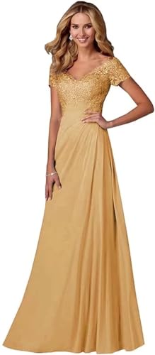 Damen Spitzen Abendkleider Kurzarm Applikationen A Linie Ballkleid V-Ausschnitt Chiffon formell Partykleid von Sincemeet