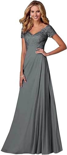 Damen Spitzen Abendkleider Kurzarm Applikationen A Linie Ballkleid V-Ausschnitt Chiffon formell Partykleid von Sincemeet