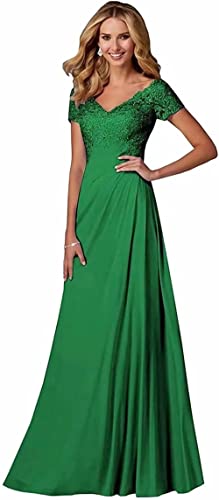 Damen Spitzen Abendkleider Kurzarm Applikationen A Linie Ballkleid V-Ausschnitt Chiffon formell Partykleid von Sincemeet