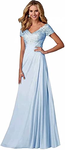 Damen Spitzen Abendkleider Kurzarm Applikationen A Linie Ballkleid V-Ausschnitt Chiffon formell Partykleid von Sincemeet