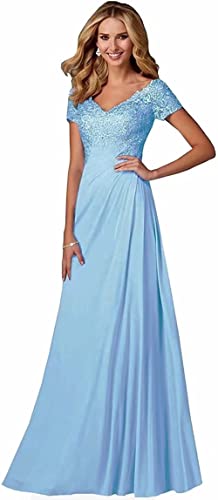 Damen Spitzen Abendkleider Kurzarm Applikationen A Linie Ballkleid V-Ausschnitt Chiffon formell Partykleid von Sincemeet