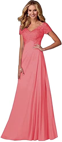 Damen Spitzen Abendkleider Kurzarm Applikationen A Linie Ballkleid V-Ausschnitt Chiffon formell Partykleid von Sincemeet