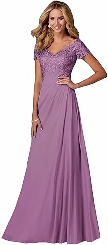 Damen Spitzen Abendkleider Kurzarm Applikationen A Linie Ballkleid V-Ausschnitt Chiffon formell Partykleid von Sincemeet