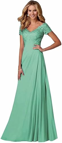 Damen Spitzen Abendkleider Kurzarm Applikationen A Linie Ballkleid V-Ausschnitt Chiffon formell Partykleid Damen Spitzen Abendkleider Kurzarm Applikationen A Linie Ballkleid V-Ausschnitt Chiffon formell Partykleid von Sincemeet