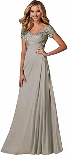 Damen Spitzen Abendkleider Kurzarm Applikationen A Linie Ballkleid V-Ausschnitt Chiffon formell Partykleid von Sincemeet