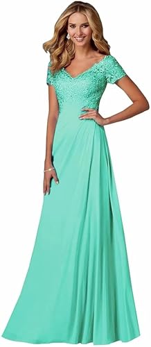 Damen Spitzen Abendkleider Kurzarm Applikationen A Linie Ballkleid V-Ausschnitt Chiffon formell Partykleid Damen Spitzen Abendkleider Kurzarm Applikationen A Linie Ballkleid V-Ausschnitt Chiffon formell Partykleid von Sincemeet