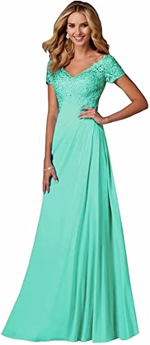 Damen Spitzen Abendkleider Kurzarm Applikationen A Linie Ballkleid V-Ausschnitt Chiffon formell Partykleid von Sincemeet