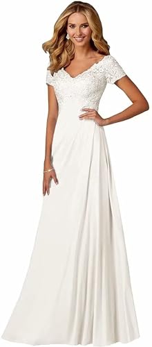 Damen Spitzen Abendkleider Kurzarm Applikationen A Linie Ballkleid V-Ausschnitt Chiffon formell Partykleid von Sincemeet