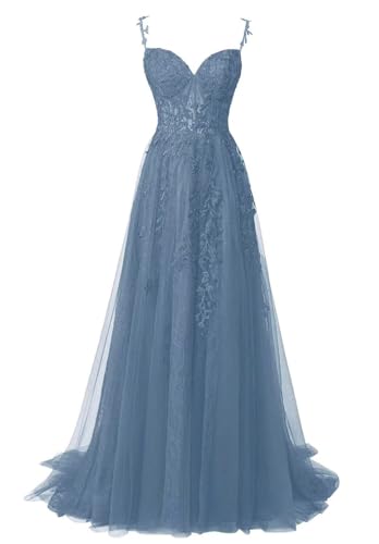 Damen Spitzenapplikation Brautjungfernkleid spaghettiträger Spitze a Linie formelle Abendkleider mit hohem Schlitz von Sincemeet
