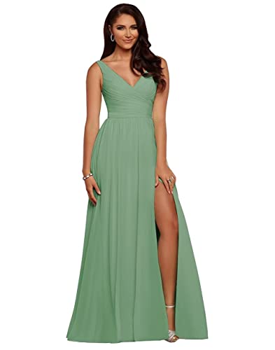 Damen V-Ausschnitt Plissee Chiffon Lange Brautjungfer Kleider Chiffon A Linie Plissee Lang Formal Abend Abschlussball Kleider von Sincemeet