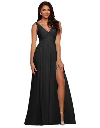 Damen V-Ausschnitt Plissee Chiffon Lange Brautjungfer Kleider Chiffon A Linie Plissee Lang Formal Abend Abschlussball Kleider von Sincemeet