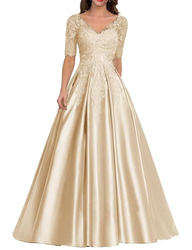 Kleid für die Brautmutter mit Spitzenapplikation Formales Abendkleid aus Satin mit V-Ausschnitt Langes A-Linie Ballkleid von Sincemeet