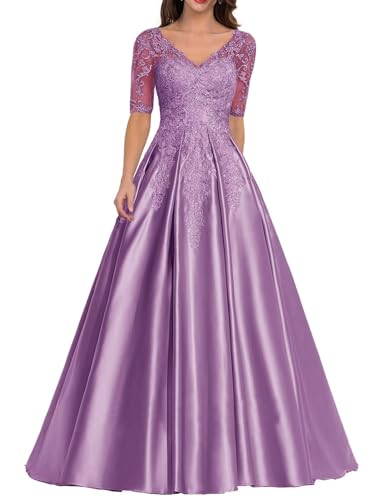 Kleid für die Brautmutter mit Spitzenapplikation Formales Abendkleid aus Satin mit V-Ausschnitt Langes A-Linie Ballkleid von Sincemeet