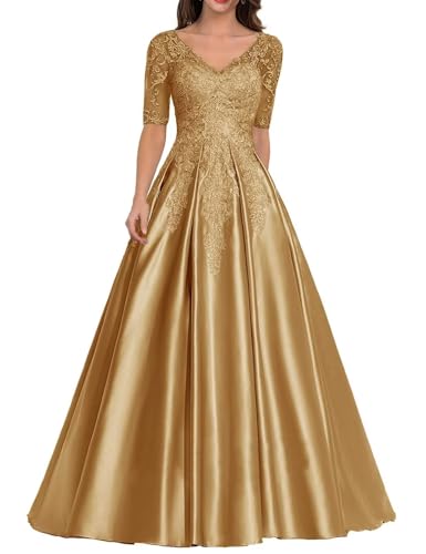 Kleid für die Brautmutter mit Spitzenapplikation Formales Abendkleid aus Satin mit V-Ausschnitt Langes A-Linie Ballkleid Kleid für die Brautmutter mit Spitzenapplikation Formales Abendkleid aus Satin mit V-Ausschnitt Langes A-Linie Ballkleid von Sincemeet