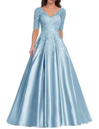 Kleid für die Brautmutter mit Spitzenapplikation Formales Abendkleid aus Satin mit V-Ausschnitt Langes A-Linie Ballkleid von Sincemeet