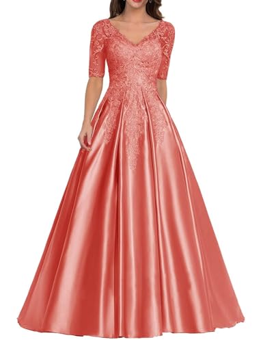 Kleid für die Brautmutter mit Spitzenapplikation Formales Abendkleid aus Satin mit V-Ausschnitt Langes A-Linie Ballkleid von Sincemeet