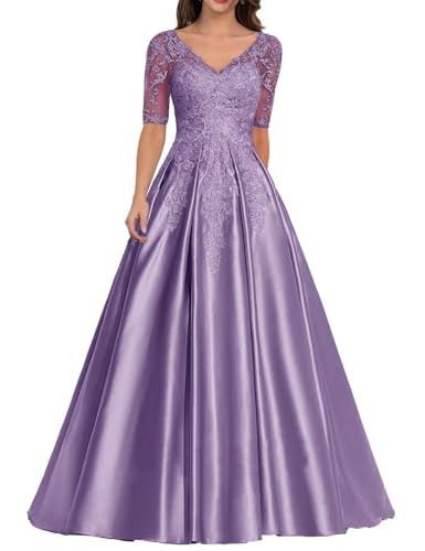 Kleid für die Brautmutter mit Spitzenapplikation Formales Abendkleid aus Satin mit V-Ausschnitt Langes A-Linie Ballkleid Kleid für die Brautmutter mit Spitzenapplikation Formales Abendkleid aus Satin mit V-Ausschnitt Langes A-Linie Ballkleid von Sincemeet