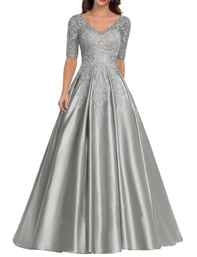 Kleid für die Brautmutter mit Spitzenapplikation Formales Abendkleid aus Satin mit V-Ausschnitt Langes A-Linie Ballkleid Kleid für die Brautmutter mit Spitzenapplikation Formales Abendkleid aus Satin mit V-Ausschnitt Langes A-Linie Ballkleid von Sincemeet