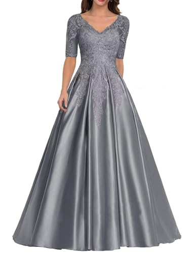 Kleid für die Brautmutter mit Spitzenapplikation Formales Abendkleid aus Satin mit V-Ausschnitt Langes A-Linie Ballkleid Kleid für die Brautmutter mit Spitzenapplikation Formales Abendkleid aus Satin mit V-Ausschnitt Langes A-Linie Ballkleid von Sincemeet