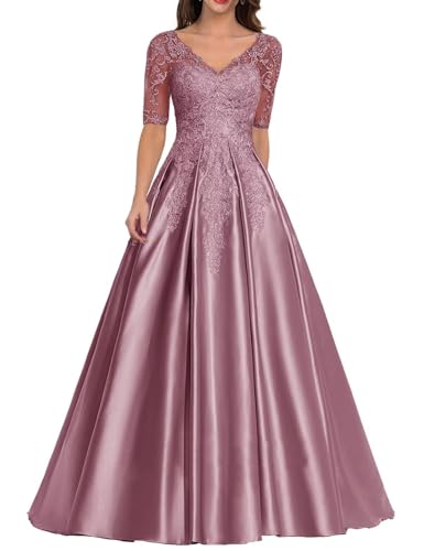 Kleid für die Brautmutter mit Spitzenapplikation Formales Abendkleid aus Satin mit V-Ausschnitt Langes A-Linie Ballkleid von Sincemeet