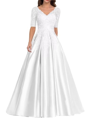 Kleid für die Brautmutter mit Spitzenapplikation Formales Abendkleid aus Satin mit V-Ausschnitt Langes A-Linie Ballkleid Kleid für die Brautmutter mit Spitzenapplikation Formales Abendkleid aus Satin mit V-Ausschnitt Langes A-Linie Ballkleid von Sincemeet