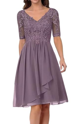 Kleider für die Brautmutter mit Spitzenapplikationen Midi V-Ausschnitt Formelle Abendkleider aus Chiffon A-Line Cocktailkleid Abschlussball von Sincemeet
