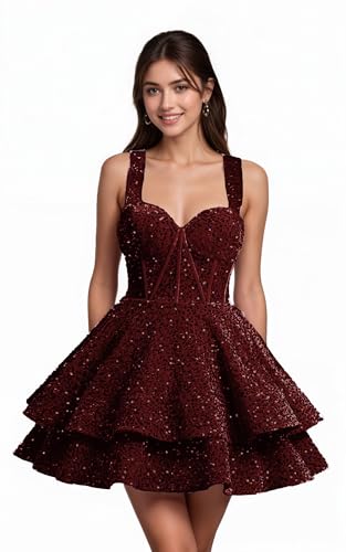 Kurz Pailletten Heimkehrkleid Tiered Kurz Cocktailkleid A-Linie mit Herzausschnitt Ballkleid Glitzernde Cocktail-Partykleid von Sincemeet