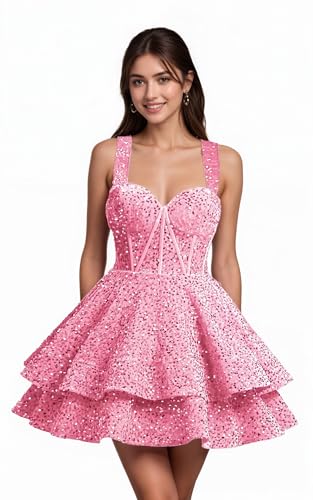 Kurz Pailletten Heimkehrkleid Tiered Kurz Cocktailkleid A-Linie mit Herzausschnitt Ballkleid Glitzernde Cocktail-Partykleid von Sincemeet