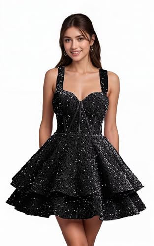 Kurz Pailletten Heimkehrkleid Tiered Kurz Cocktailkleid A-Linie mit Herzausschnitt Ballkleid Glitzernde Cocktail-Partykleid von Sincemeet