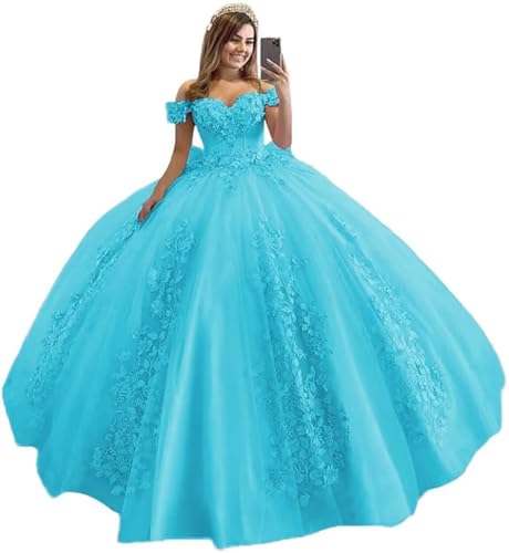 Schulterfrei Tüll Quinceanera Kleider Spitzenapplikation Sweetheart Ballkleid A-Linie Brautkleid Prinzessin Abendkleider von Sincemeet
