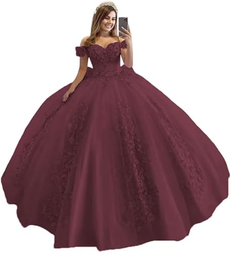 Schulterfrei Tüll Quinceanera Kleider Spitzenapplikation Sweetheart Ballkleid A-Linie Brautkleid Prinzessin Abendkleider von Sincemeet