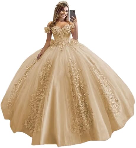Schulterfrei Tüll Quinceanera Kleider Spitzenapplikation Sweetheart Ballkleid A-Linie Brautkleid Prinzessin Abendkleider von Sincemeet