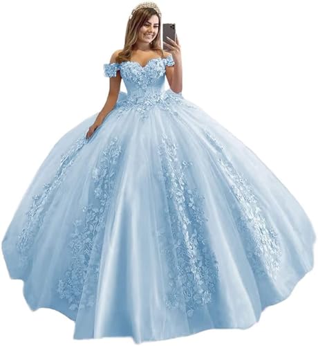 Schulterfrei Tüll Quinceanera Kleider Spitzenapplikation Sweetheart Ballkleid A-Linie Brautkleid Prinzessin Abendkleider von Sincemeet
