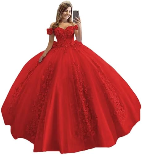 Schulterfrei Tüll Quinceanera Kleider Spitzenapplikation Sweetheart Ballkleid A-Linie Brautkleid Prinzessin Abendkleider von Sincemeet