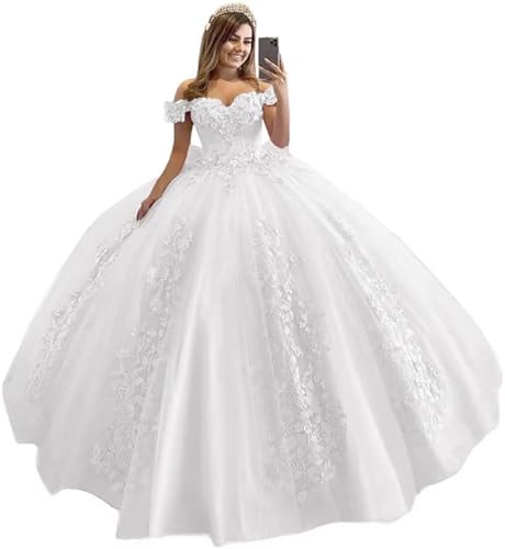 Schulterfrei Tüll Quinceanera Kleider Spitzenapplikation Sweetheart Ballkleid A-Linie Brautkleid Prinzessin Abendkleider von Sincemeet