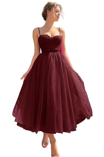 Sincemeet Ballkleid aus Tüll mit Spaghettiträgern Teelanges Abendpartykleid bauschiges formelle Ballkleid Hochzeitskleid von Sincemeet