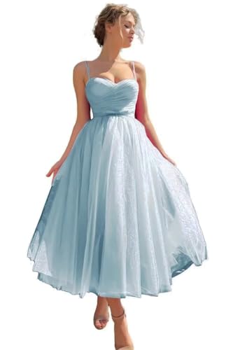 Sincemeet Ballkleid aus Tüll mit Spaghettiträgern Teelanges Abendpartykleid bauschiges formelle Ballkleid Hochzeitskleid von Sincemeet