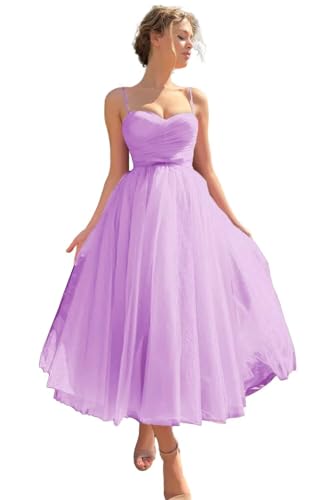 Sincemeet Ballkleid aus Tüll mit Spaghettiträgern Teelanges Abendpartykleid bauschiges formelle Ballkleid Hochzeitskleid von Sincemeet