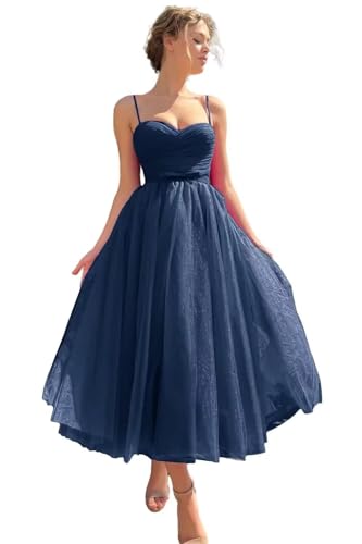 Sincemeet Ballkleid aus Tüll mit Spaghettiträgern Teelanges Abendpartykleid bauschiges formelle Ballkleid Hochzeitskleid von Sincemeet