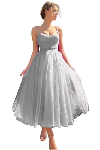 Sincemeet Ballkleid aus Tüll mit Spaghettiträgern Teelanges Abendpartykleid bauschiges formelle Ballkleid Hochzeitskleid von Sincemeet