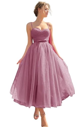 Sincemeet Ballkleid aus Tüll mit Spaghettiträgern Teelanges Abendpartykleid bauschiges formelle Ballkleid Hochzeitskleid von Sincemeet