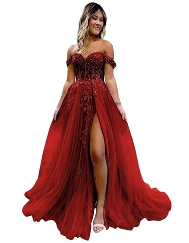 Sincemeet Ballkleider aus Tüll mit Schlitz für Damen Lange Ballkleider mit Spitzenapplikationen Formelles Abendkleid für Teenager Schulterfreie Quinceanera-Kleider von Sincemeet