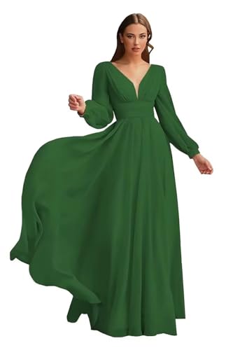 Sincemeet Brautjungfernkleider mit Langen ärmeln für Damen Chiffon V-Ausschnitt Plissiert Formelle Abendkleider mit Schlitz von Sincemeet