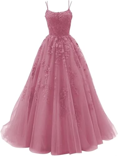 Sincemeet Damen Ballkleid aus Tüll mit Spaghettiträgern Lange Spitzenapplikationen Ballkleider A Linie formelle Party Abendkleider Ballkleider Damen Lang von Sincemeet