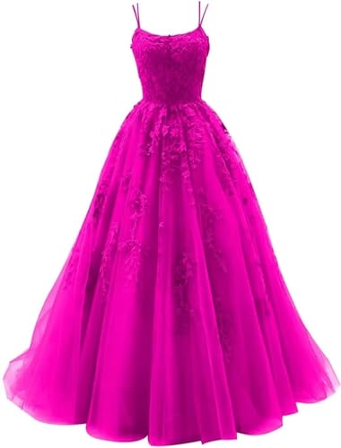 Sincemeet Damen Ballkleid aus Tüll mit Spaghettiträgern Lange Spitzenapplikationen Ballkleider A Linie formelle Party Abendkleider Ballkleider Damen Lang von Sincemeet